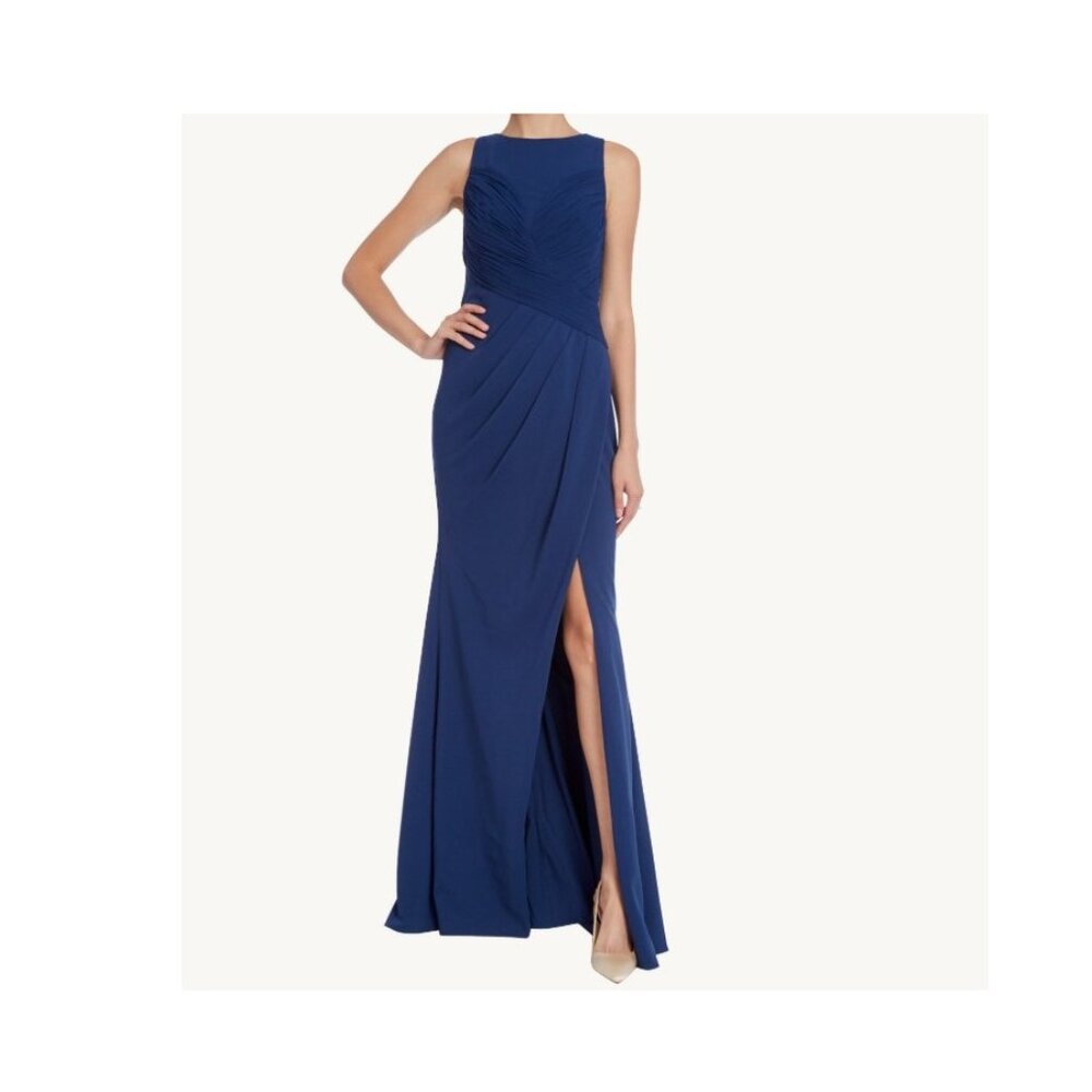 Badgley Mischka Midnight Blue Pleated Accent Sleeveless Scoop Neck Gown EG3861